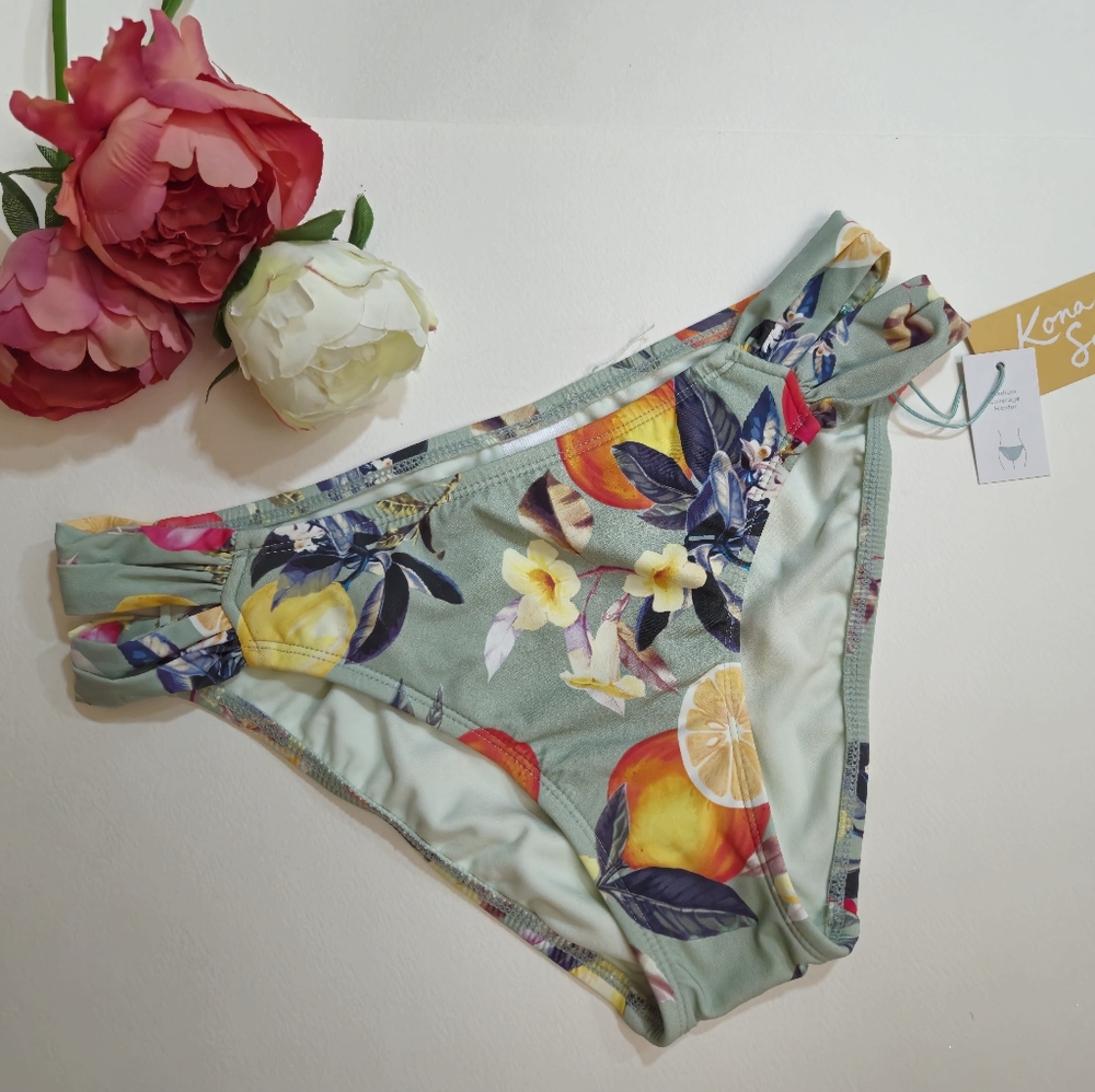 Kona Sol Green Floral Bikini Bottoms. Swimsuit Bikini Bottom. Oranges Design.